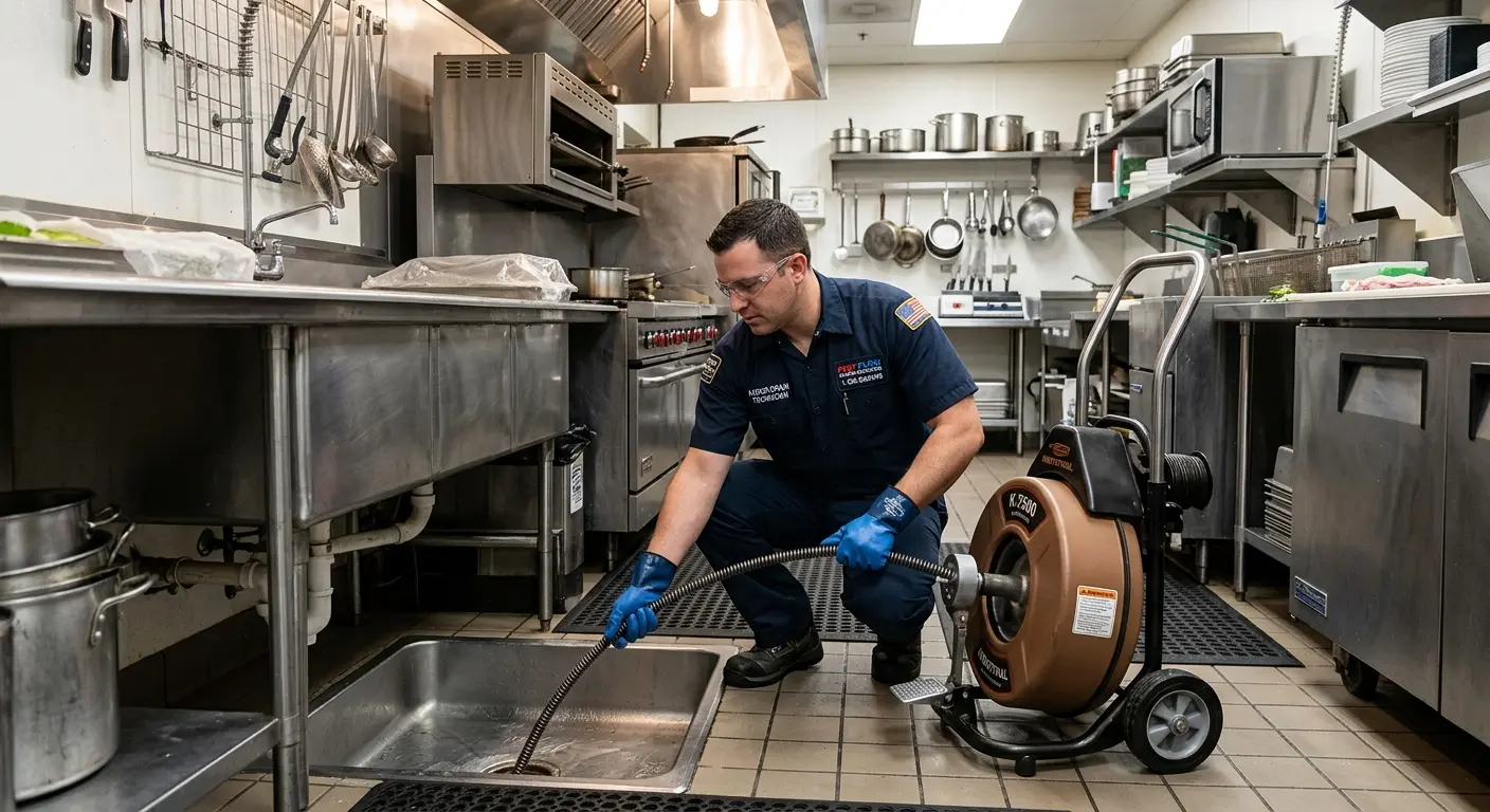 Commercial drain cleaning service in a restaurant kitchen in Northwood