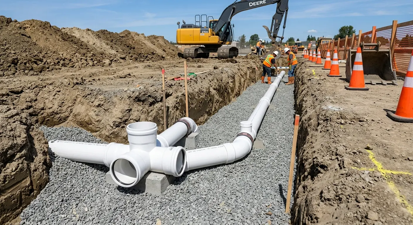 New PVC sewer pipe installation in open trench for Commercial Drain Cleaning in Northwood