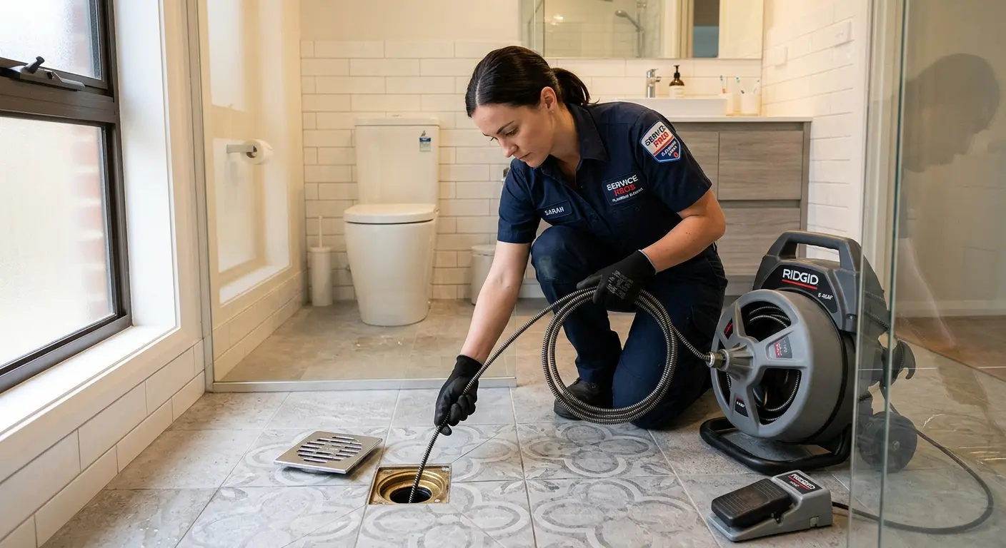 Technician clearing a bathroom floor drain for Drain Cleaning in Northwood